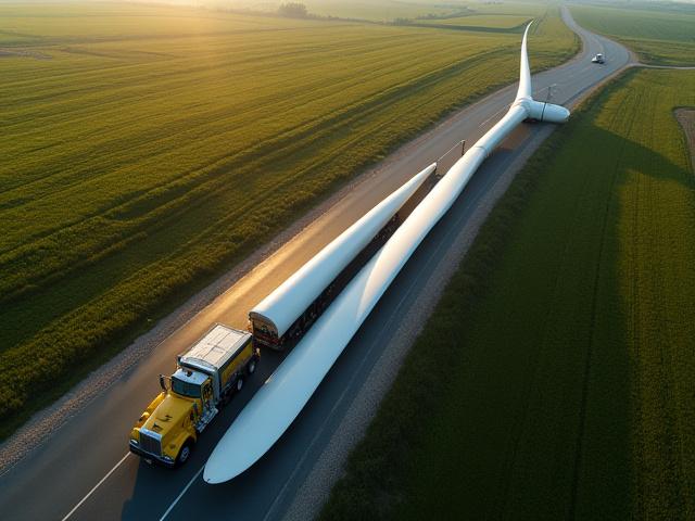 Wind turbine blade being transported by E & L Trucking