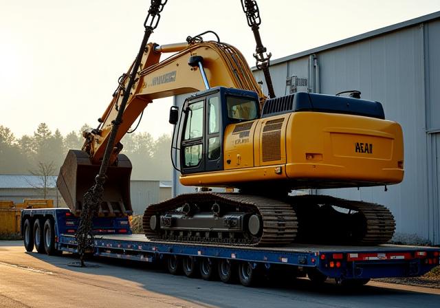 Heavy excavator being loaded onto a lowboy trailer in Addison NY