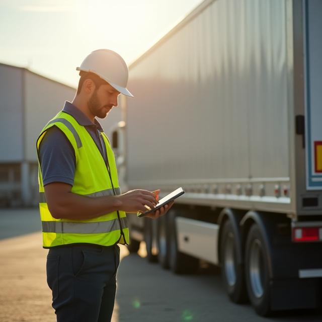A professional logistics driver reviewing temperature logs on a digital tablet at a modern facility