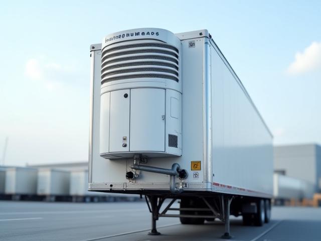 Close-up of a modern, well-maintained temperature-controlled reefer trailer